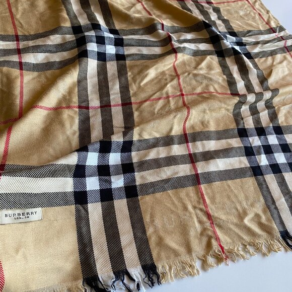 Burberry London Nova Check Beige Scarf Silk Blend Fringed Edge Lightweight - Picture 7 of 11
